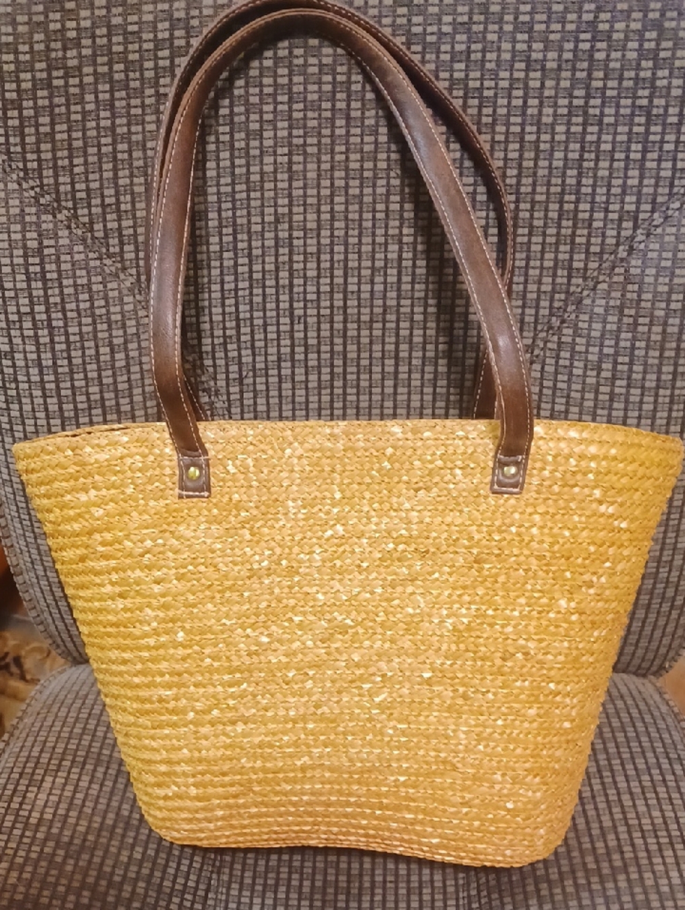 Woven Straw Tote Bag with Brown  Handles - Natural Yellow